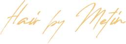 Signature-style text 'Hair by Metin' in gold on a white background